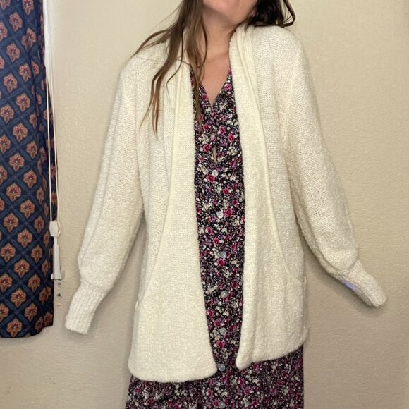 Vintage 80s White Chunky Knit Cardigan Slouchy Open Front Sweater | Size M-XL - Picture 3 of 13